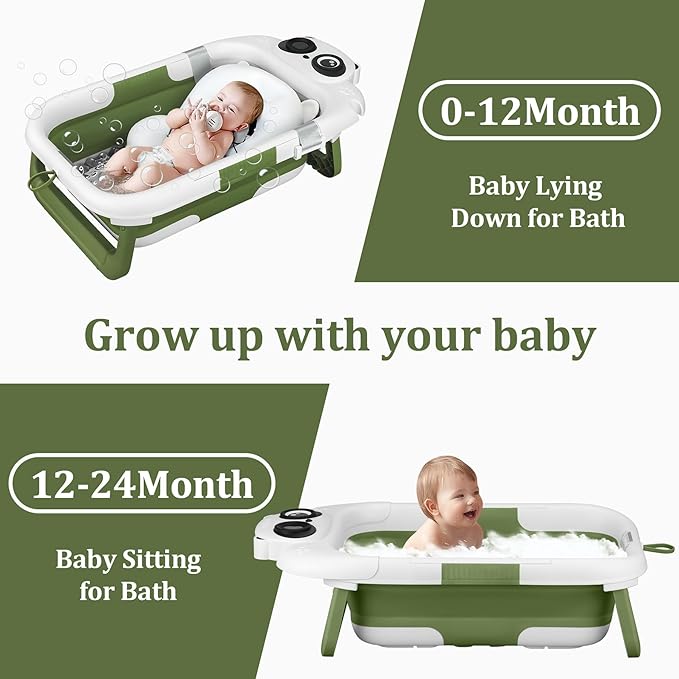 Foldable Baby Bathtub, Lightweight Bathtub for Infants to Toddlers with Soft Cushion & Thermometer, Portable Baby Tub Newborn to Toddler 0-36 Months(Green)
