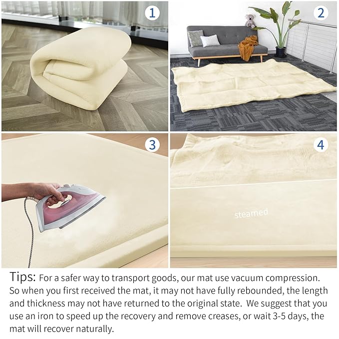 Baby Play Mat for Floor, 1.3" Thick Elasti-Foam 50x50 Playpen Mat for Toddlers Infant Kids,Water-Repellent Soft Velvet for Tummy Time, Non-Slip Backing for Crawling, Tatami Style(Vanilla)