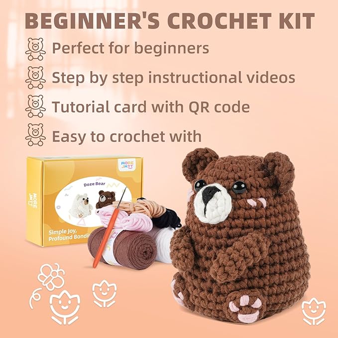 MOREJMTT Crochet Kit for Beginners, Learn to Crochet, Include Easy Knitting Soft Yarn, Step-by-Step Video Tutorial, Hook, Holiday Birthday Gift for Adults and Kids(Polar & Brown Bears)