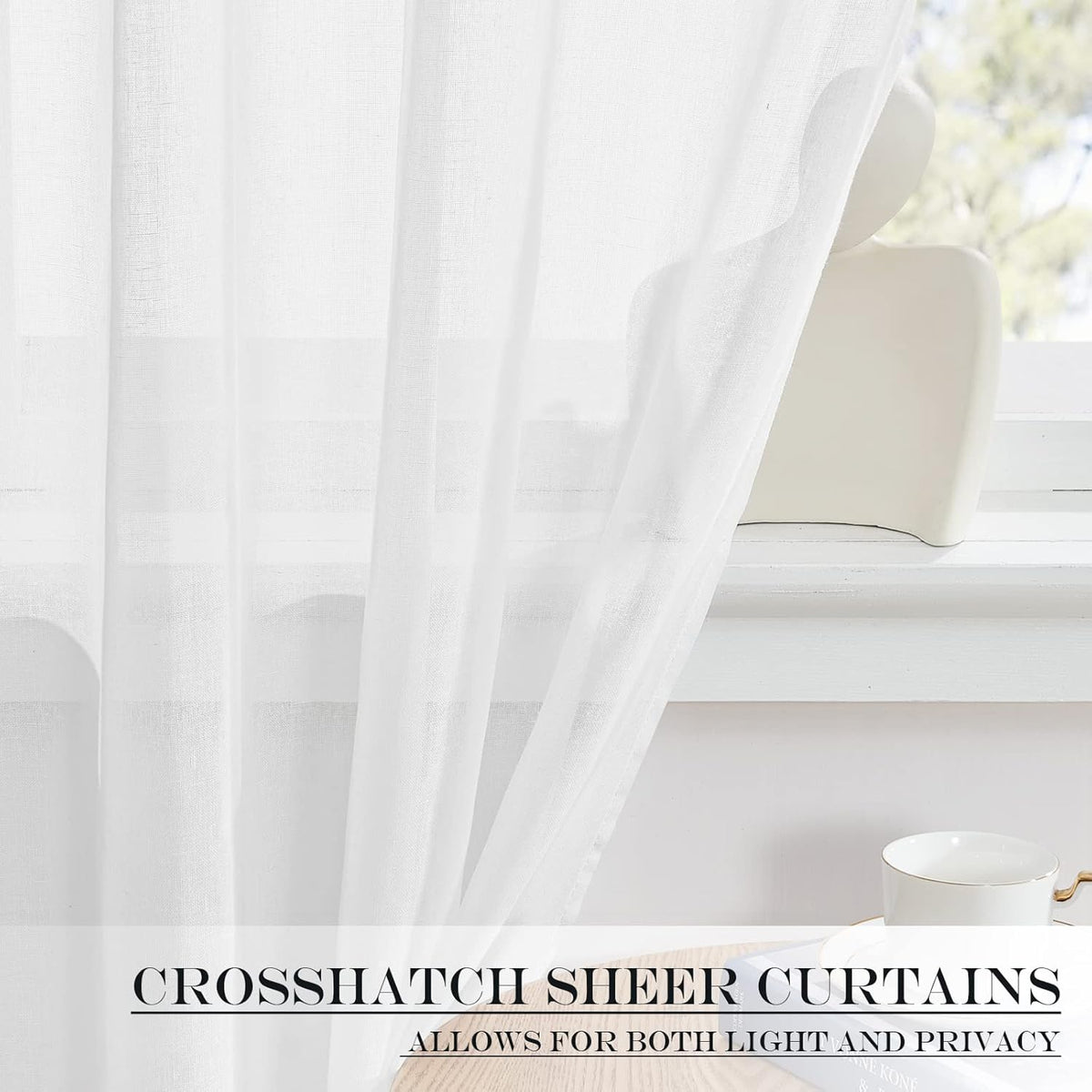 NICETOWN Sheer Door Curtain for Windows, Light Filgtering French Door Curtain Self Adhesive Window Blind for Patio Sidelight Cover Tie Up Shade, W26 x L50 in, 1 Panel, Pure White