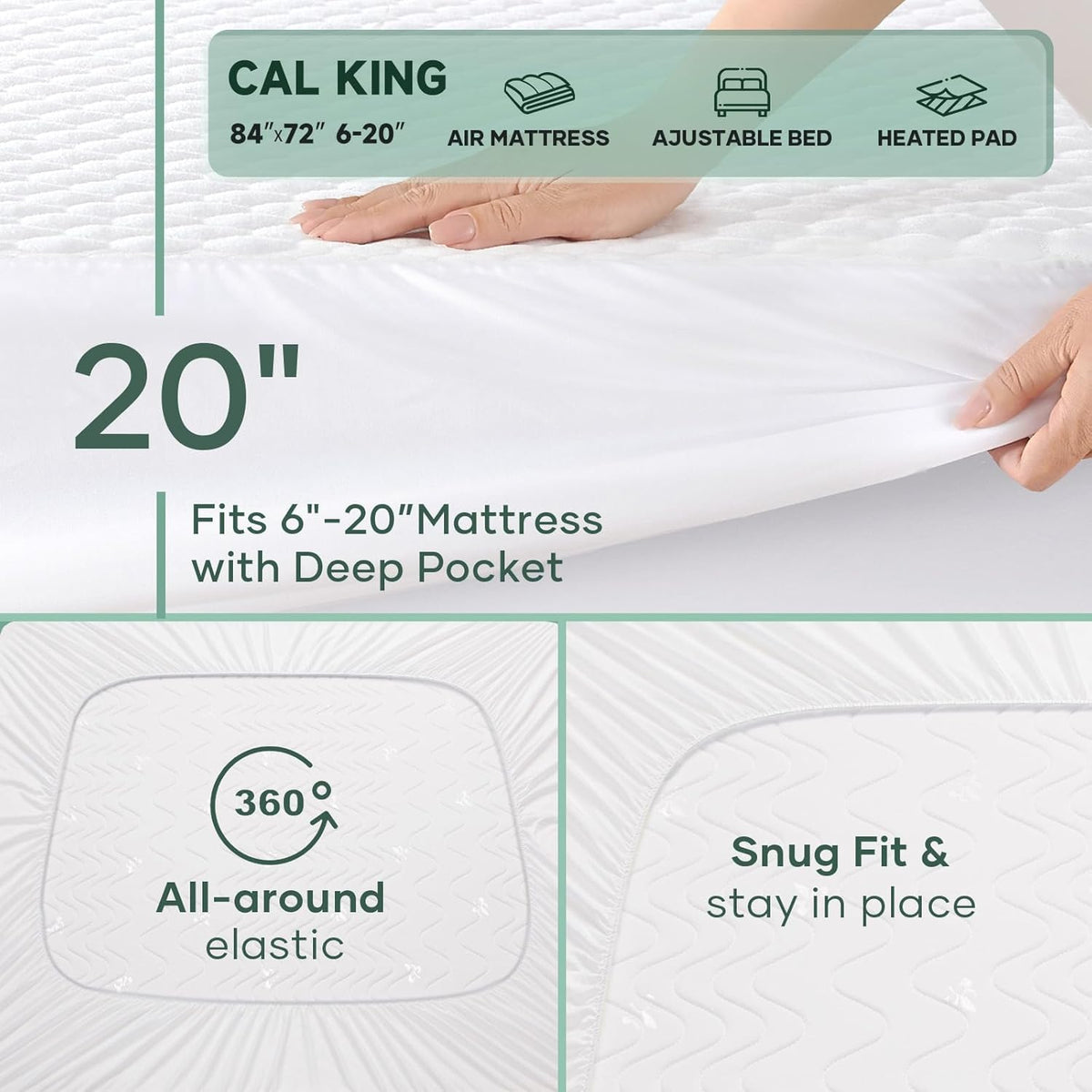 OhGeni 100% Waterproof Mattress Protector, California King Size Mattress Pad, Fits 6"-20" Mattresses with Deep Pocket, Cooling, Breathable Fitted Sheets, Soft Bed Cover, Noiseless, Machine Washable