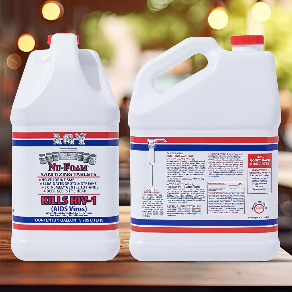 Nu-Foam Liquid Detergent for Bar Glassware – Original Streak-Free Solution - Hand Washing Bar, Tavern, Brewery Supplies - Concentrated - 1 Gallon