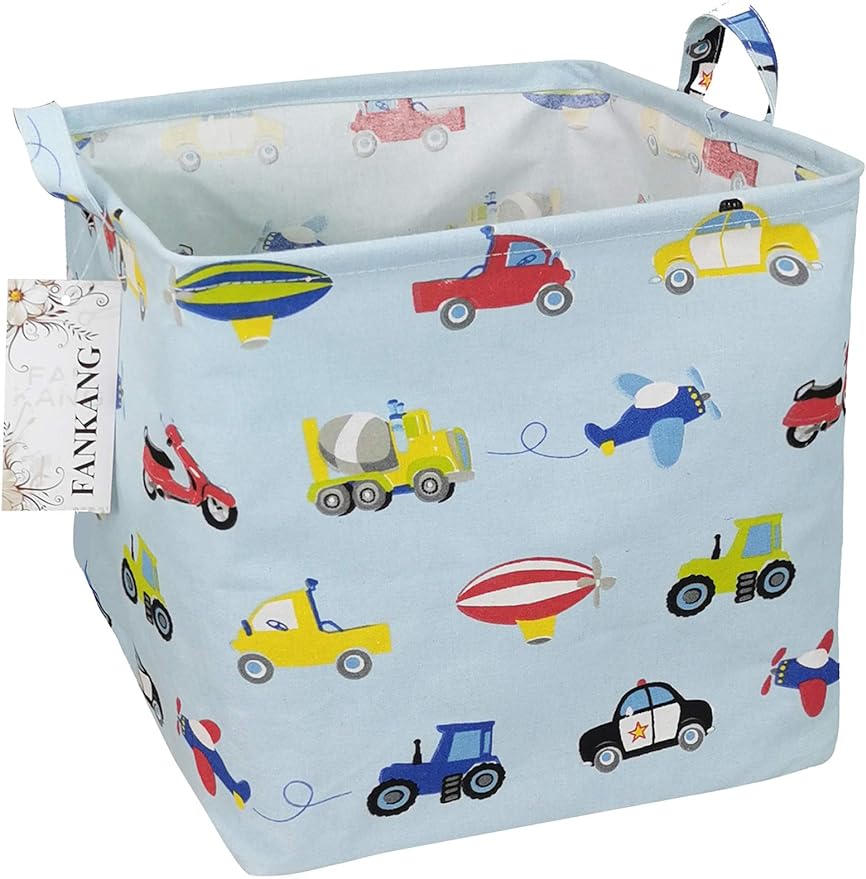 FANKANG Square Nursery Hamper Storage Bins Canvas Laundry Basket Foldable with Waterproof PE Coating Storage Baskets Gift Baskets for Children, Office, Bedroom, Clothes（Square-Car ）