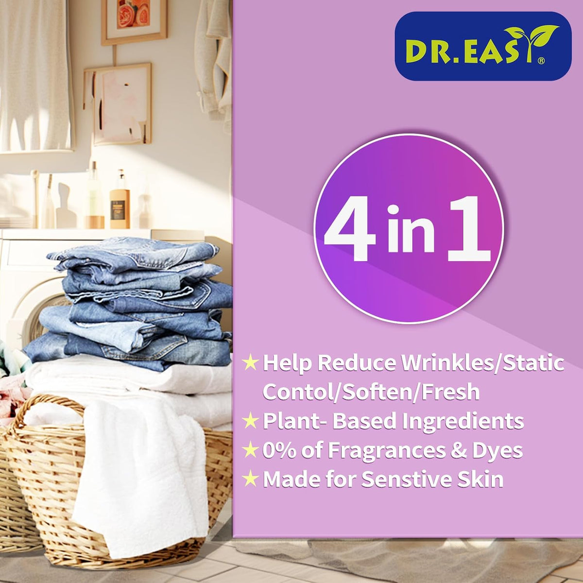 DR.EASY Dryer Sheets Plant Based Formula 252 Ct Fabric Softener sheets for Laundry Lavender Essential Oil Scented No Artificial Fragrances No Dyes Reduce Static & Wrinkles Help Repel Pet Hair