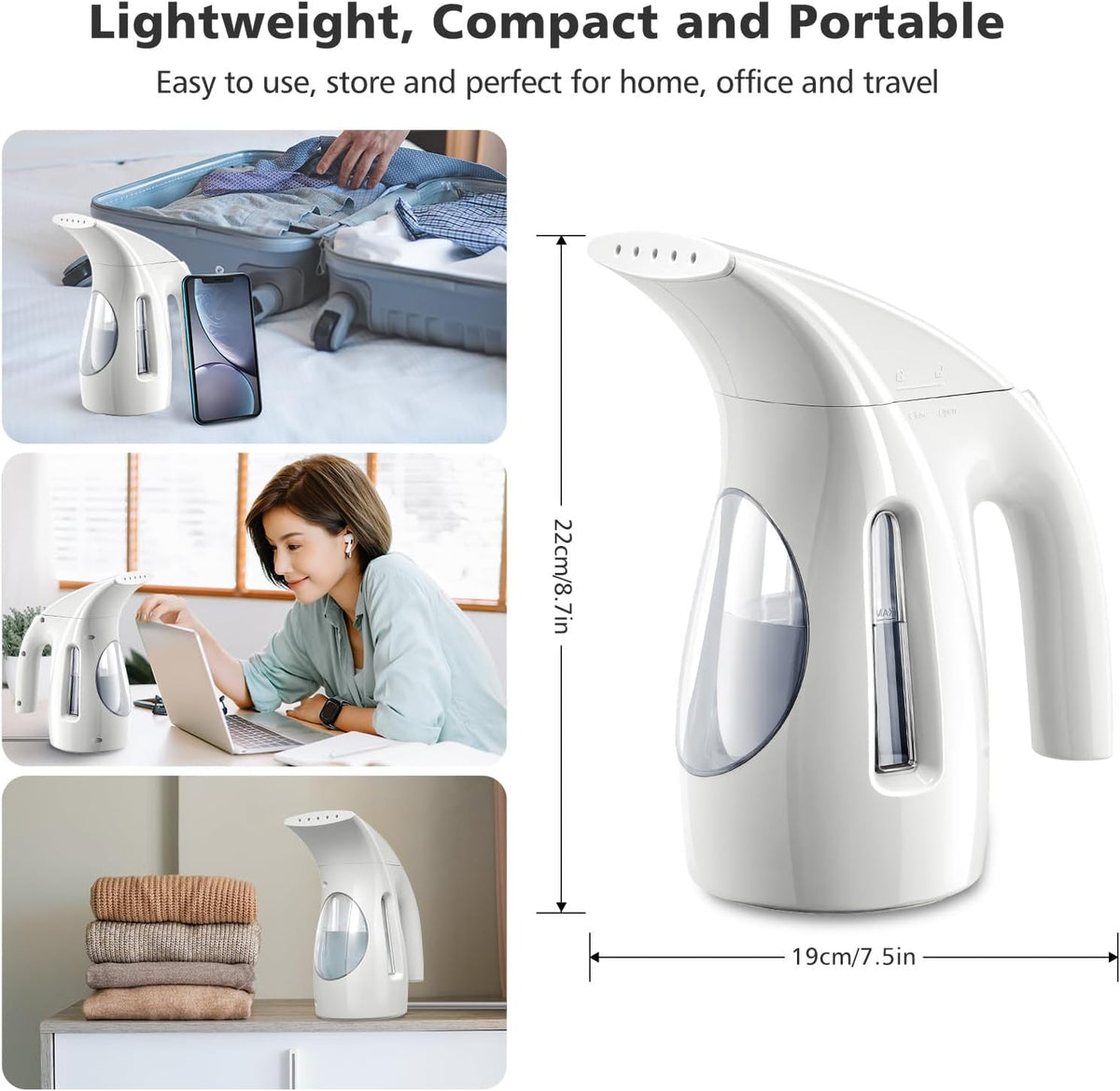 HiLIFE Steamer for Clothes, Portable Handheld Design, 240ml Big Capacity, 700W, Strong Penetrating Steam, Removes Wrinkle, for Home, Office and Travel(ONLY FOR 120V)(White)