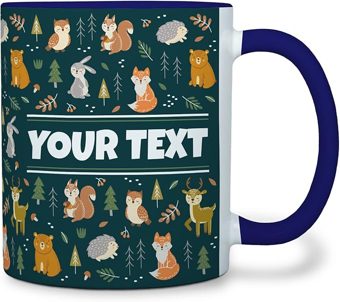 Personalized Mug for Kids - Woodland Animals - Custom Name/Text, Ceramic Hot Chocolate/Coffee Cup for Boys/Girls, Birthday/Christmas/Holiday Gift - 11 oz, Navy Blue Handle
