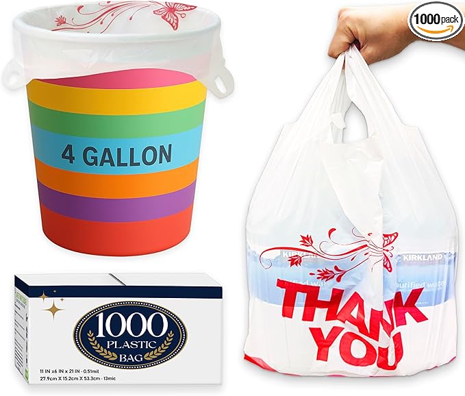 4 Gallon Small Trash Bags with Handles –1000Count 11" x 21" Plastic Garbage Bags for Home, Kitchen, Office, Bathroom – Thank You T-Shirt Style Bags for Small Business, Takeout, Grocery Use