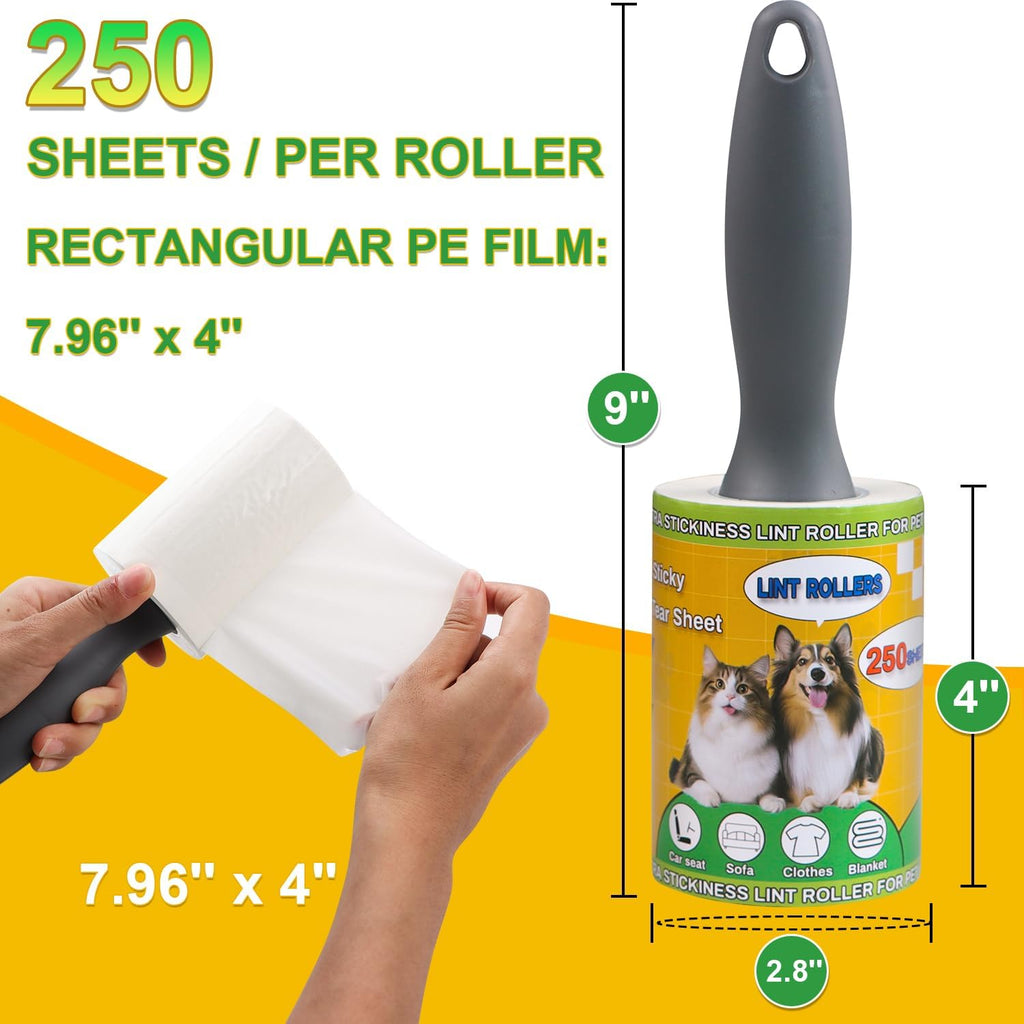 Extra Sticky Lint Rollers for Pet Hair, 250 Sheets, Lint Remover for Dog Cat Hair Removal, Animal Fur, Fuzz, Couch, Clothes Furniture and Carpet Travel-Friendly Grip Handle(1, Blue)
