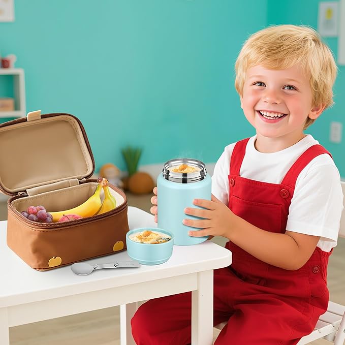 Soup Thermo for Hot Food Kids 16oz Insulated Food Jar Leakproof Thermo Lunch Container for Kids Wide-Mouth Stainless Steel Lunch Box for School with Handle Folding Spoon(3+)