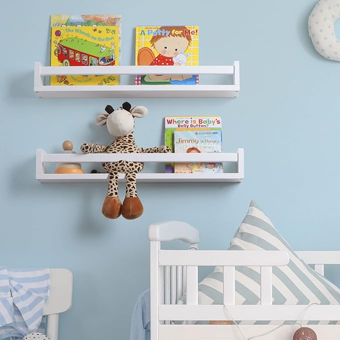 Fun Memories Nursery Book Shelves - Rustic Natural Solid Wood Floating Bookshelf for Kids - Wall Book Shelves for Kids Room (White, 24inch - 4P)