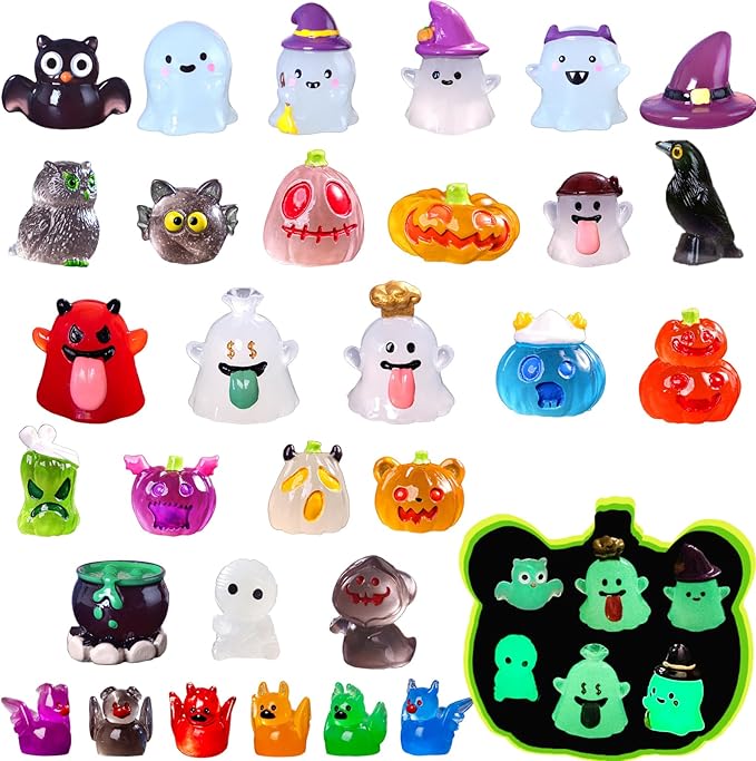 Mini Halloween Figurines 30 PCS, Luminous Halloween Miniatures Bulk for Decor, Mini Resin Animals Variety Pack to Hide, Pumpkin Ghost Owl for Party Favors Bag Fillers Garden Decor, Gifts