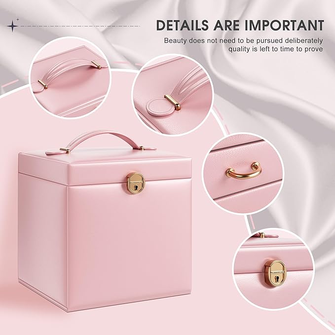 5-Layer Jewelry Box with 4 Drawers, Huge Portable Jewelry Organizer with Lock and Mirror for Women, for Necklace Ring Earring Bracelet Storage, Lockable Jewelry Case, Pink
