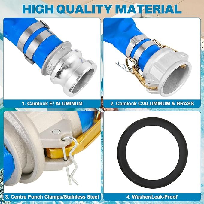 2'' x 50 Ft Discharge Hose, Heavy Duty PVC Lay Flat Water Backwash Hose,Durable Pool Drain Hose with Aluminum CE Fittings for Water Pump And Filters