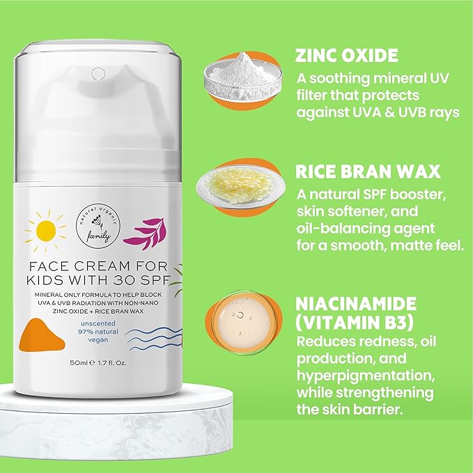 Kid Face Sunscreen Moisturizer with SPF – SPF 30 Mineral Face Sunscreen – Lightweight, Non-Greasy, Reef-Safe with Zinc Oxide & Niacinamide – Broad-Spectrum UV Protection – Daily Moisturizer for Kids