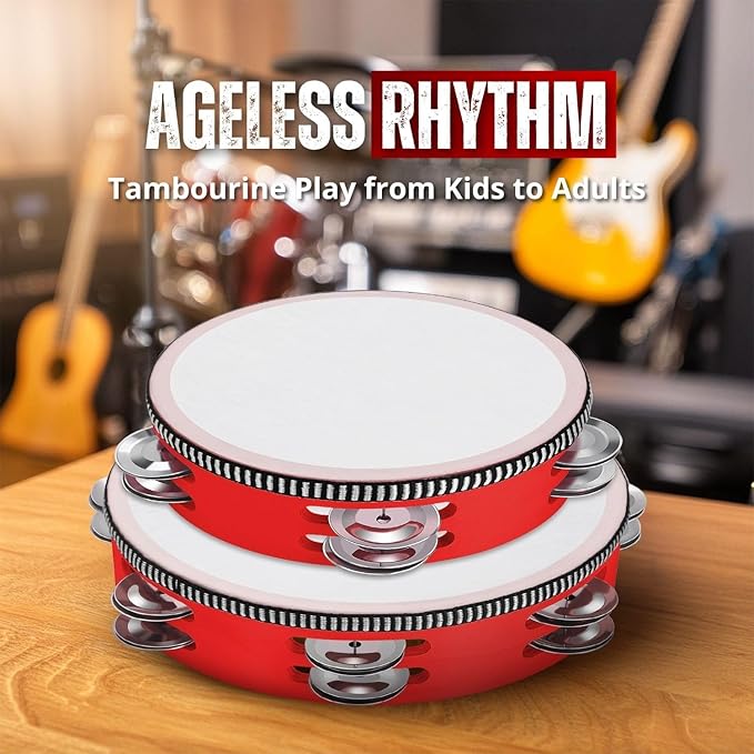 Flexzion Wood Handheld Tambourine for Kids - 8 & 6 Inch Set of 2 Pack, Double Row 12 Pair Metal Jingles, Percussion Drum Moon Musical Instrument (Red)