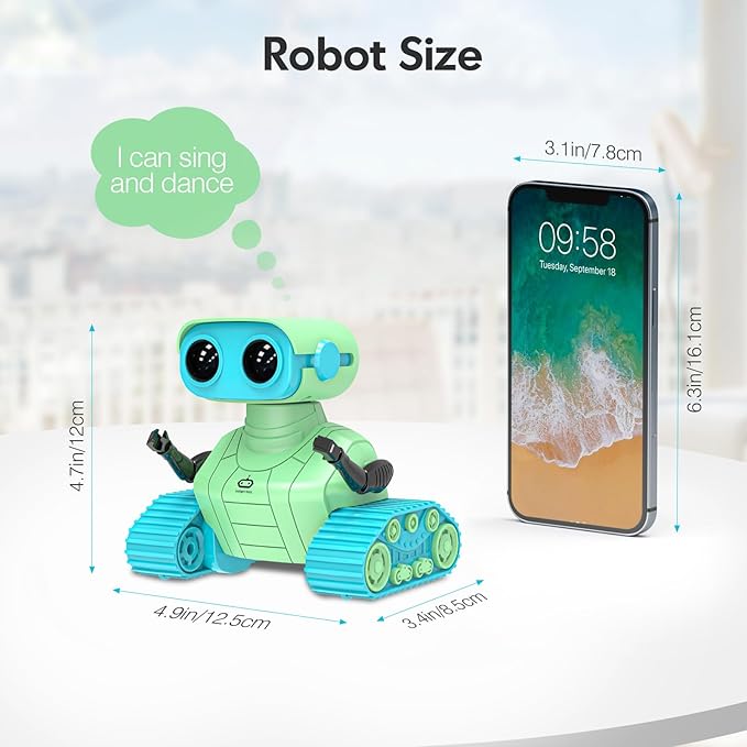 ALLCELE Robot Toys, Rechargeable RC Robots for Kids Boys, Remote Control Toy with Music and LED Eyes, Ideal Gift for Children-Green Blue