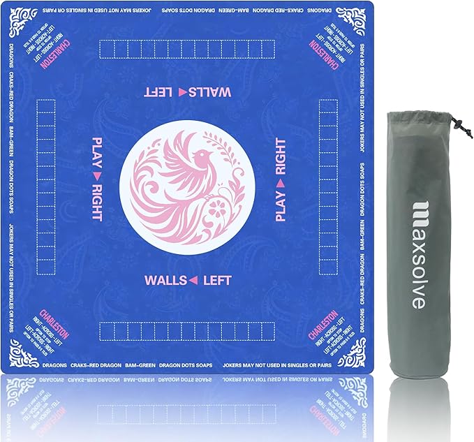 2025 Mahjong Mat, 31.5" x 31.5" Neoprene Mahjong Table Mat with Rules, Anti Slip & Noise Reduction Gaming Mat for Poker, Card, Dominoes, Board & Tile Games, Mahjong Gift with Carrying Bag - Blue