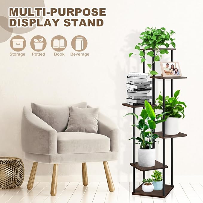 6 Tier Wood Tall Plant Stand Metal Rack Indoor, Multiple Flower Pot Holder Shelves Corner Rack, Planter Shelf Display Rack Storage Organizer for Patio Living Room Balcony Garden(Black Oak)