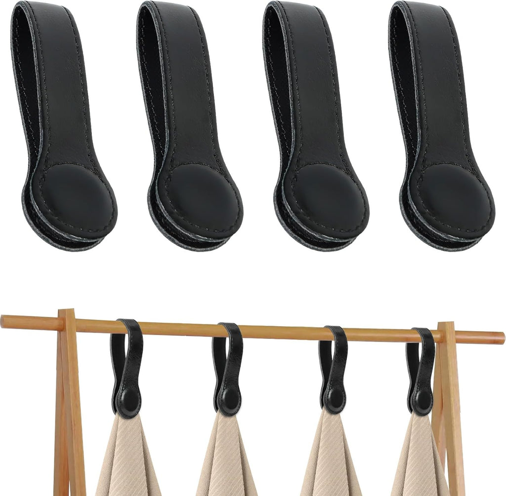 4 PCS Genuine Leather Towel Clips for Kitchen, Magnetic Hand Clips, Towel Holder with Magnet for Rods and Racks, Bathroom Accessory (Black)