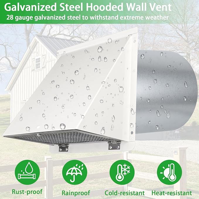 10 Inch Hooded Wall Vent with Screen and Damper,Galvanized Steel Exterior Wall Exhaust Vent Cover Cap for Kitchen Range Hood Duct Ventilation Outside Air Exhaust Applications,White