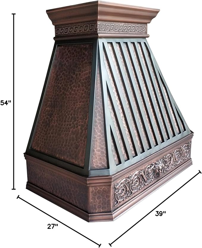 CT Copper Tailor Copper Vent Hood Island Mount,54'' W,39''H,1260 CFM Exhaust Fan,Stainless Steel Vent,LED Light,Dishwasher-Safe Baffle Filters,Light Hammered-Medium Patina,VH14TA2L