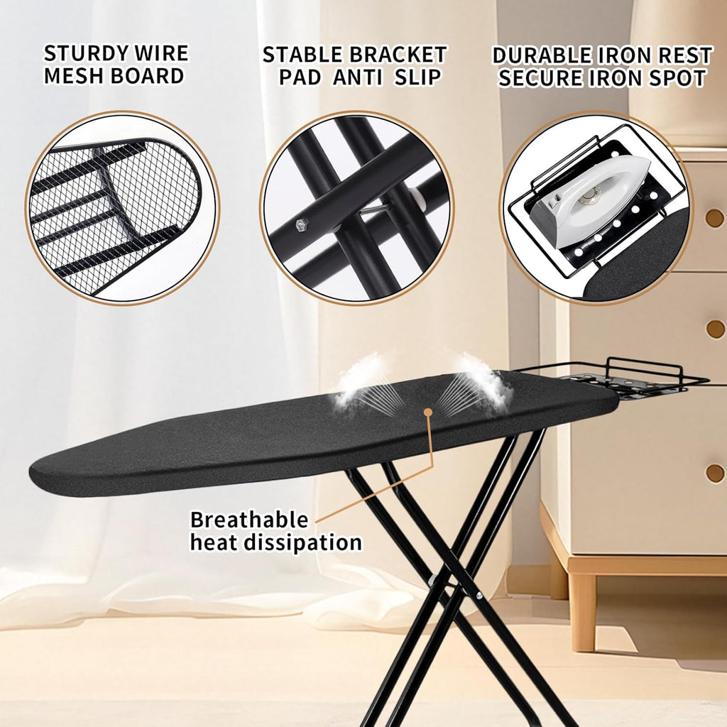 Ironing Board,52x14 Inch Iron Board with Steam Rest, Heavy Duty Metal Frame Legs Ironing Table with Heat Resistant Cover Mat, Foldable Full Size Hanger Ironing Stand, 5 Adjustable Height, Black