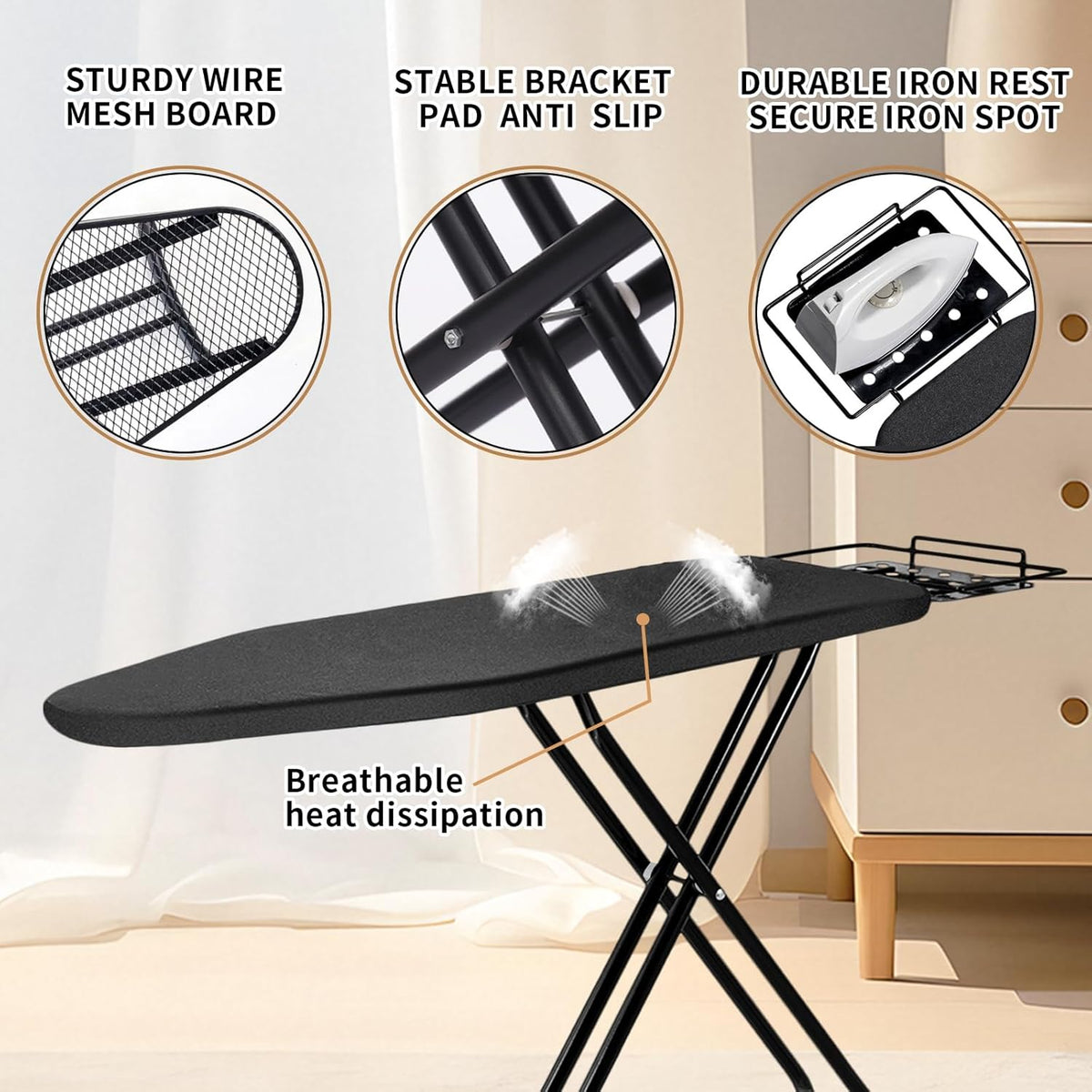 Ironing Board,52x14 Inch Iron Board with Steam Rest, Heavy Duty Metal Frame Legs Ironing Table with Heat Resistant Cover Mat, Foldable Full Size Hanger Ironing Stand, 5 Adjustable Height, Black