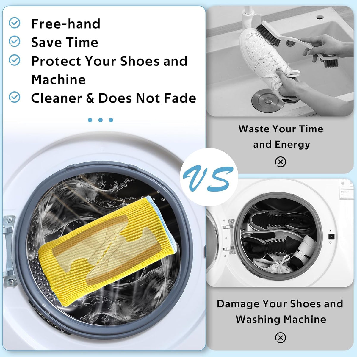 Shoe Washing Machine Bag - 2pcs Laundry Shoe Bags for Washing Machine, 360° Deep Clean Reusable Sneaker Tennis Shoe Cleaning Bag for Washer and Dryer for Most Sizes, Yellow, 15 * 7.5 inches