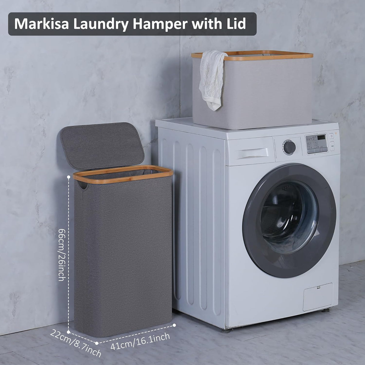Slim Laundry Basket,60L Laundry Hamper with Lid, Tall Hamper for Laundry,Dirty Cloth Hamper with Bamboo Handle for Toys,Towels, Clothes Organizing,Grey
