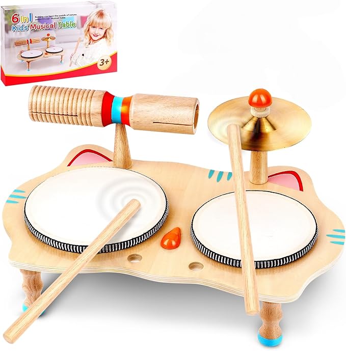 WINGYZ Kids Drum Set – 6-in-1 Wooden Musical Instruments for Toddlers 1–3, Montessori Baby Music Set with Drums, Cymbal & Tone Block, FSC-Certified Cat Design Table for Home & Classroom Learning Gift