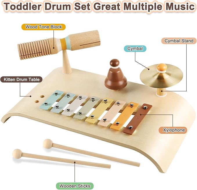 LOOIKOOS Kids Drum Set Toddler Musical Instruments Set Wooden Percussion Instrument Xylophone for Kids Montessori Toys Preschool Educational Musical Toys