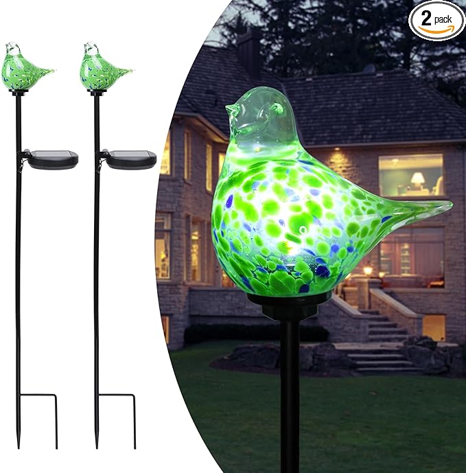 Afirst Solar Outdoor Lights Decorative Hummingbird Garden Stake Handblown Glass Stakes Outdoors Waterproof for Garden Pathway Decoration 2 Packs