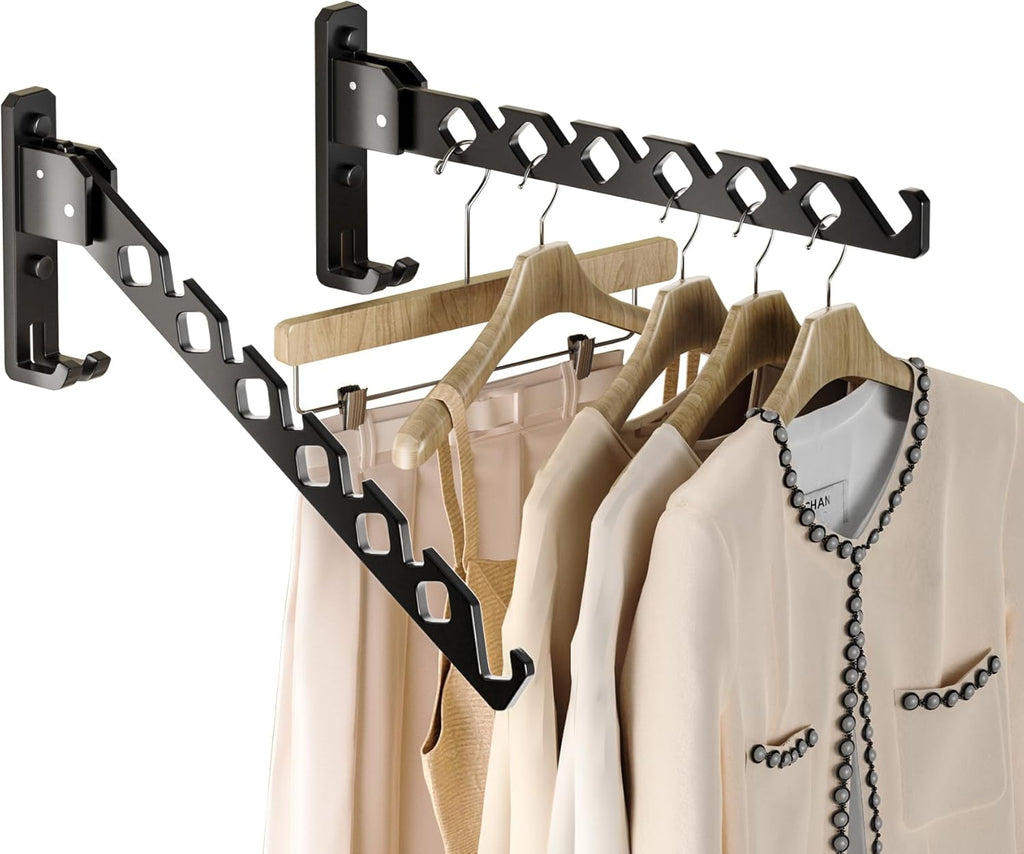 Dr.DJ Wall Mount Coat Hanger Holder Black Clothes Drying Organizer Rack Garment Hooks Aluminium Retractable Folding Indoor Wall Mounted Hanger Space Saver for Laundry Room Bedroom Black 2Pack
