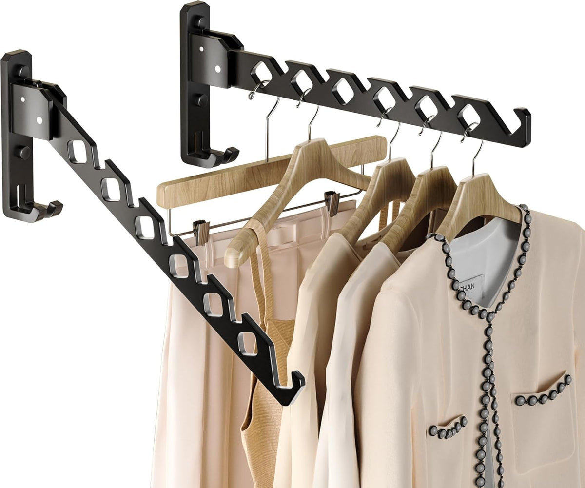 Dr.DJ Wall Mount Coat Hanger Holder Black Clothes Drying Organizer Rack Garment Hooks Aluminium Retractable Folding Indoor Wall Mounted Hanger Space Saver for Laundry Room Bedroom Black 2Pack
