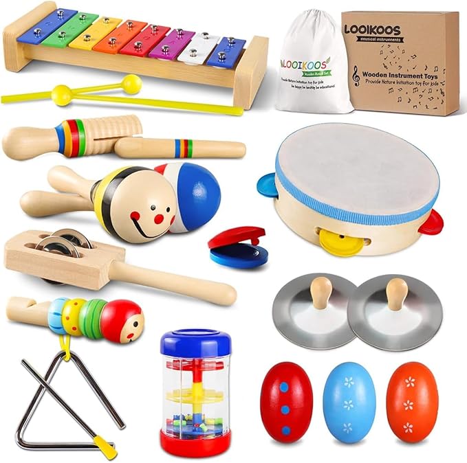 LOOIKOOS Toddler Musical Instruments Set Wooden Percussion Instruments Xylophone Toy for Kids Montessori Toys for 1 Year Old Boys Girls with Maracas Easter Eggs