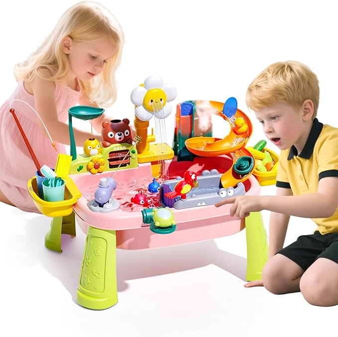 2026 Upgraded Toddler Sand Water Table Toy with Electric Water Pump, Kids Sand Water with Faucet/Play Food Accessories/Fishing Toy, Kitchen Play Sink Toys for Girl Boy Age 3+