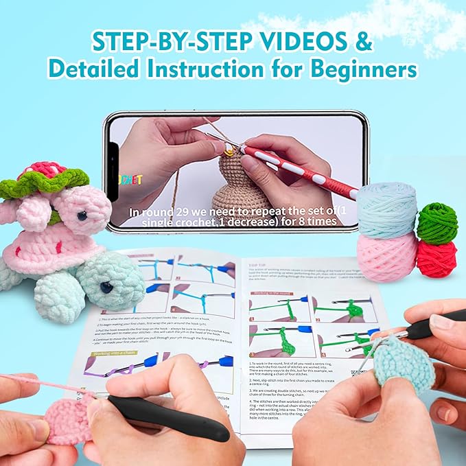 Crochet Kit for Beginners,Crochet Starter Kit with Step-by-Step Video Tutorials,DIY Crochet Animal Kits for Adults Kids,Complete Kit Included(2PCS Turtle)