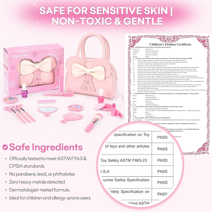Kids Real Makeup Kit for Girls - 18Pcs Non-Toxic Washable Make Up Toys with Initial Toddler Purse - Personalized Birthday Gifts for Age 3 4 5 6 7 8 9 10 Years Old Girls Vanity Set - I