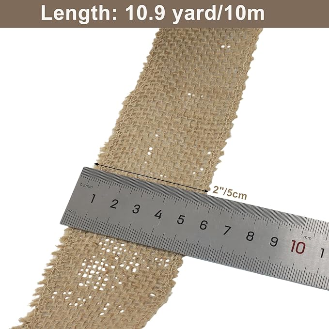 2" Wide Natural Burlap Fabric Roll - 10 Yards Jute Ribbon for Gift Wrapping, Wedding Decorations, Rustic Crafts, Wreaths & Home Decoration (5cm Wide)