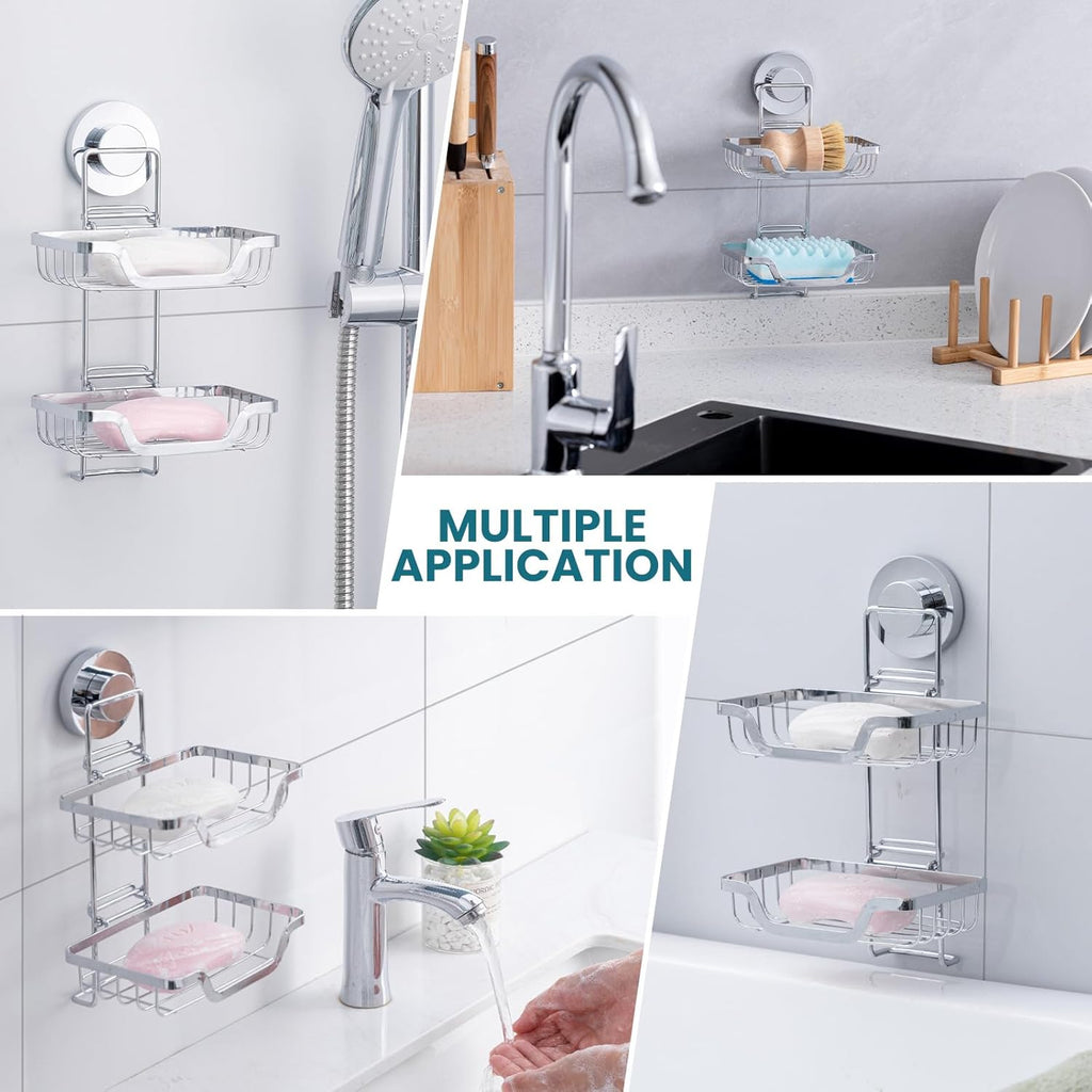 TAILI Double Layer Soap Dish Holder, Bar Soap Tray Suction Cup for Shower Wall, Draining for Bathroom, Rustproof Stainless Steel Sponge Holder for Tub, Kitchen, Drill-Free, Silver