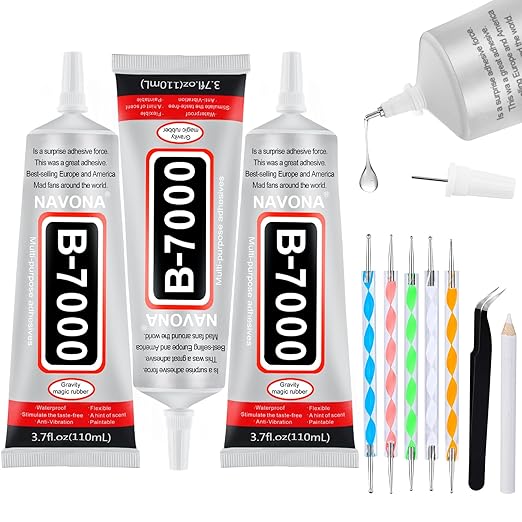 3 PCS 110ml B7000 Glue Clear with Precision Tip, B7000 Rhinestone Glue Set, Craft Glues with 5-Point Pen Tool, Crayon, and Tweezers, Fabric Glues is Used for Nails, Jewelry, Shoes, Fabrics