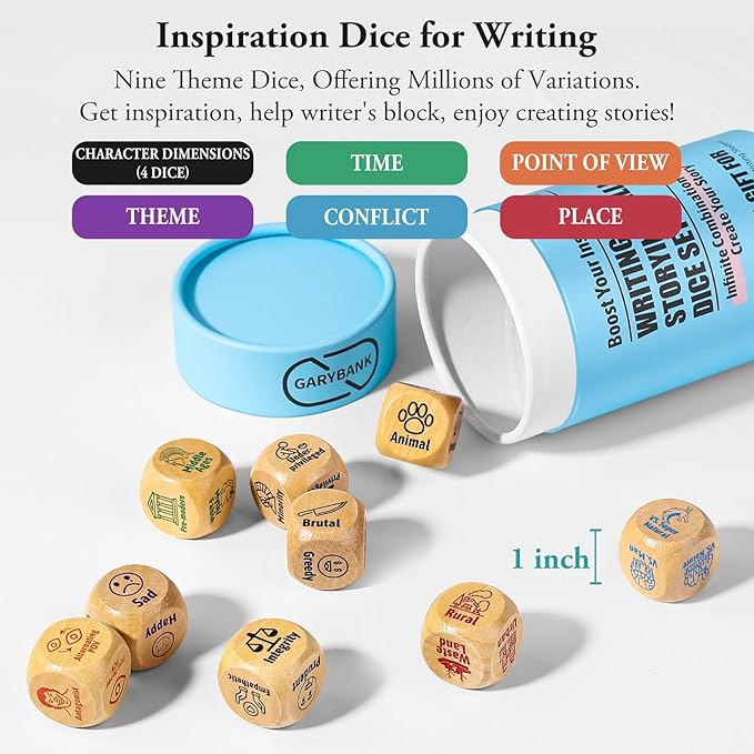 Garybank Creative Writing Prompts Dice Set - Writers Gifts, W/13 Writing Skill Cards - Story Writing/Telling Game for Kids & Adults - Set of 9 Story Cubes for Inspiration - Gifts for Teacher Christmas