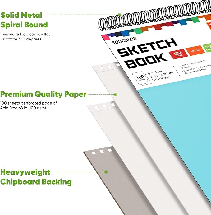 Drawing Set Sketching Kit, Pro Art Supplies, Soucolor 9" x 12" Sketch Book, 1-Pack 100 Sheets Spiral Bound Art Sketchbook for Colored Pencils, Graphite, Charcoal, Metallic Pencils, Sketching Pencils