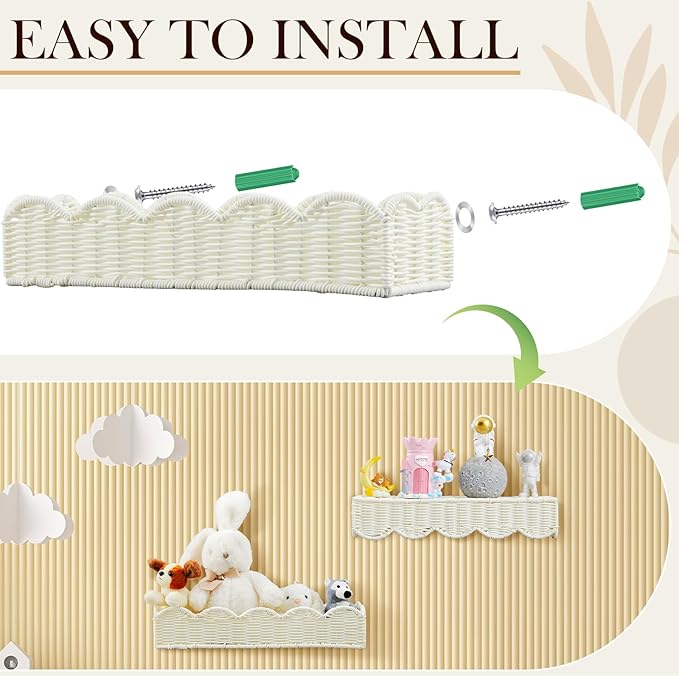 Pinkunn 3 Set Nursery Book Shelves Scalloped Rattan Wall Shelf 15.8 x 3.2 Inch Wall Mounted Plastic Floating Book Shelve, Hanging Boho Wicker Woven Shelf for Nursery Decor and Storage (Classic White)