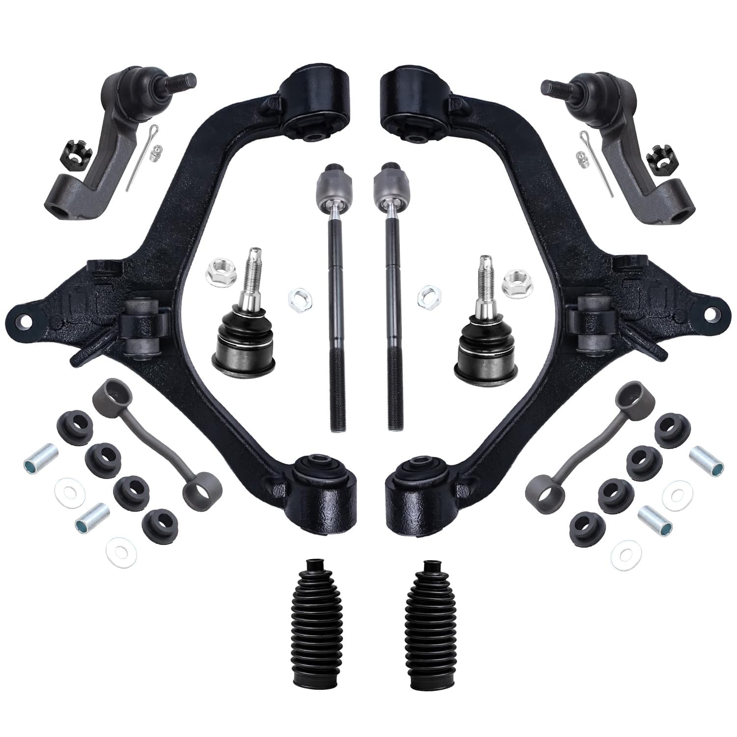 Detroit Axle - Front Lower Control Arms w/Ball Joints + Inner Outer Tie Rods & Boots + Sway Bar Links Replacement for 2002-04 Je