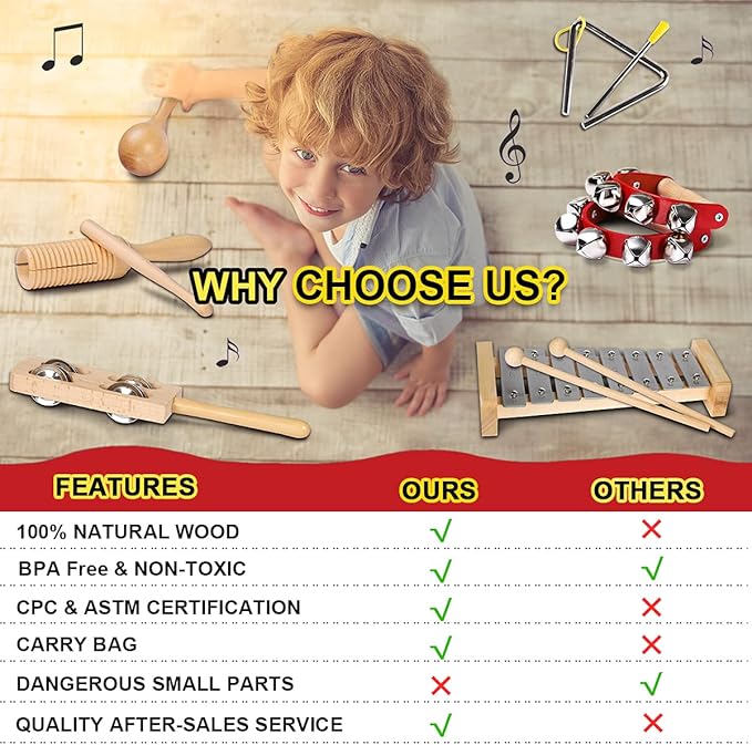 LOOIKOOS Toddler Musical Instruments International Natural Wooden Music Set for Toddlers and Kids - Eco Friendly Preschool Educational Musical Toys with Storage Bag