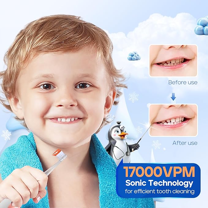 SEAGO Toddler Electric Toothbrushes for Baby Ages 0-3 Years, Baby Toothbrush with Smart Timer and Suction Base, 4 Replacement Brush Heads SG-513 (Blue-C)