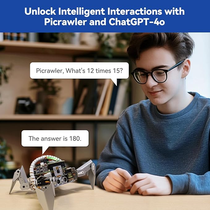 SunFounder PiCrawler AI Robot Kit for Raspberry Pi 5/4/3B+/3B/Zero 2W, ChatGPT-4o Enabled with Voice Command & Video Recognition, App Control, FPV, Camera, Python&Scratch (RPi NOT Included)