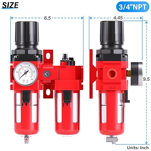 TAILONZ PNEUMATIC 3/4 Inch NPT Air Filter Pressure Regulator Water/Oil Trap Separator Combo(0-150PSI),Air Tool Compressor Filter with Gauge AC4010-06M(Manual Drainage)