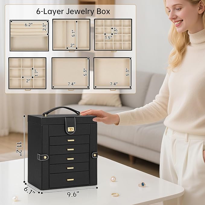 AKOZLIN 6-Tier Jewelry Box Organizer Functional 5 Drawers Leather Jewelry Storage Case for Women Girls Ring Necklace Earring Bracelet Holder Organizer with Mirror Black